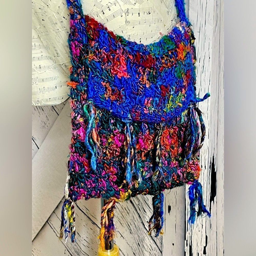 Kathmandu Imports Colorful Silk Knitted Tassels Crossbody Handbag